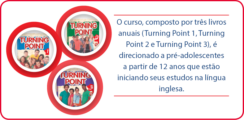 O curso  composto por tr s livros anuais  Turning Point 1  Turning Point 2 e Turning Point 3     direcionado a pr -ad   